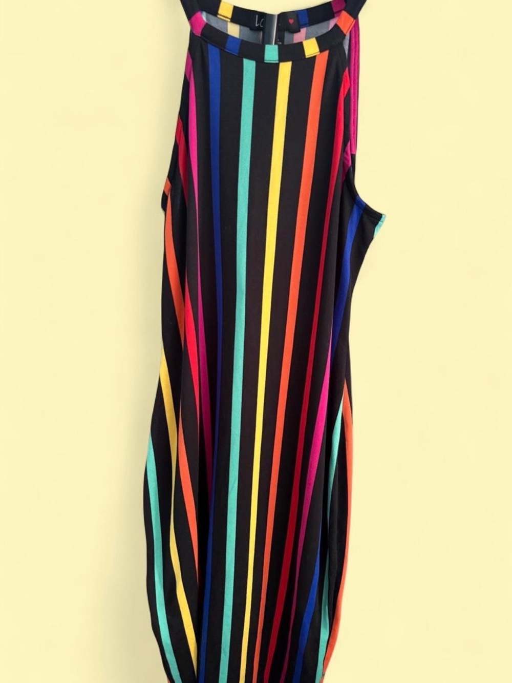 Sleeveless Black Dress with Rainbow Vertical Stripes